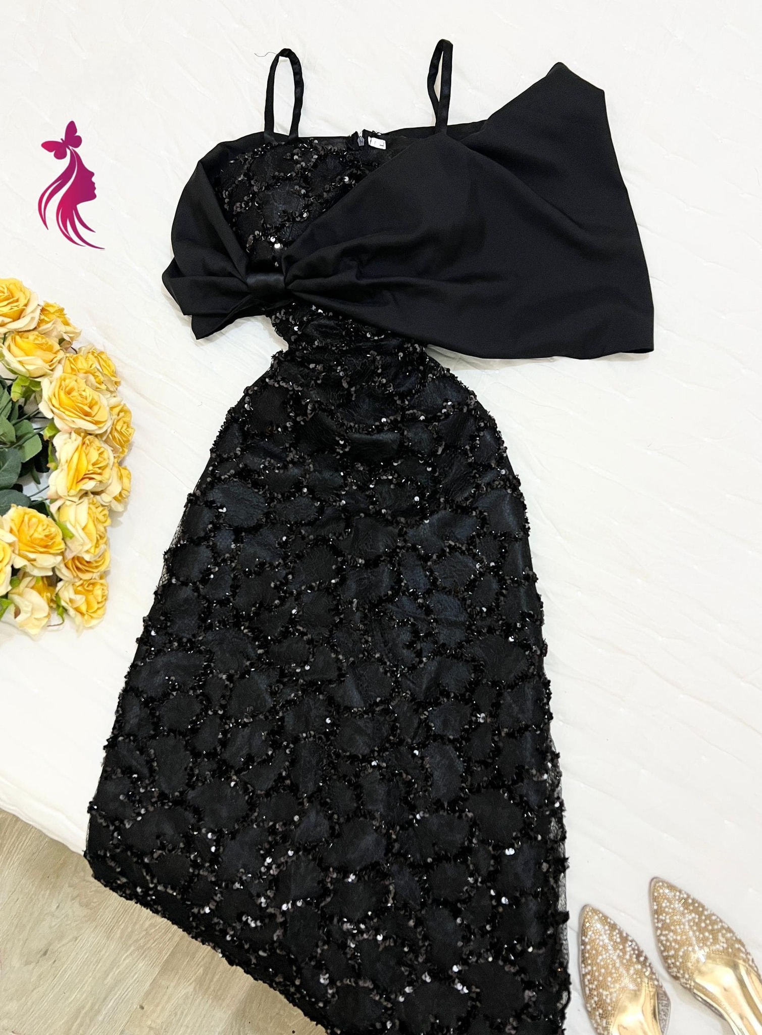 فستان نسائي ملكي – خرز كوري وترتر ودنتل مع فيونكة - Image 4