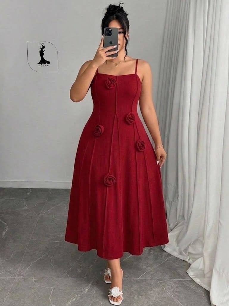 فستان ميدي A-Line مع ورود بارزة – كبدي - Image 2