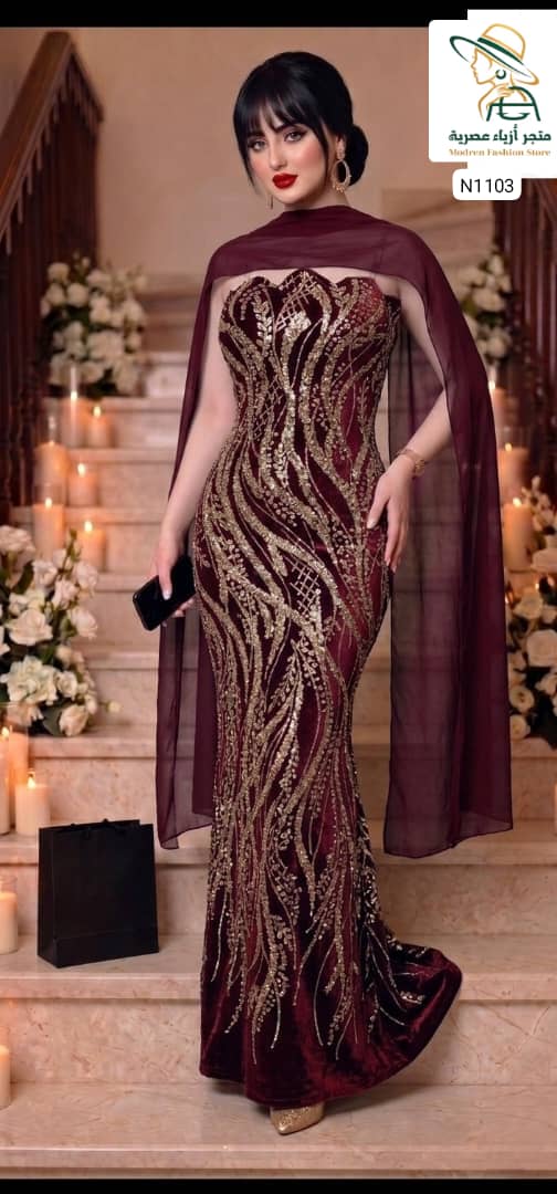 فستان فخامة – خرز كوري على قطيفة لمعة راقية - Image 3