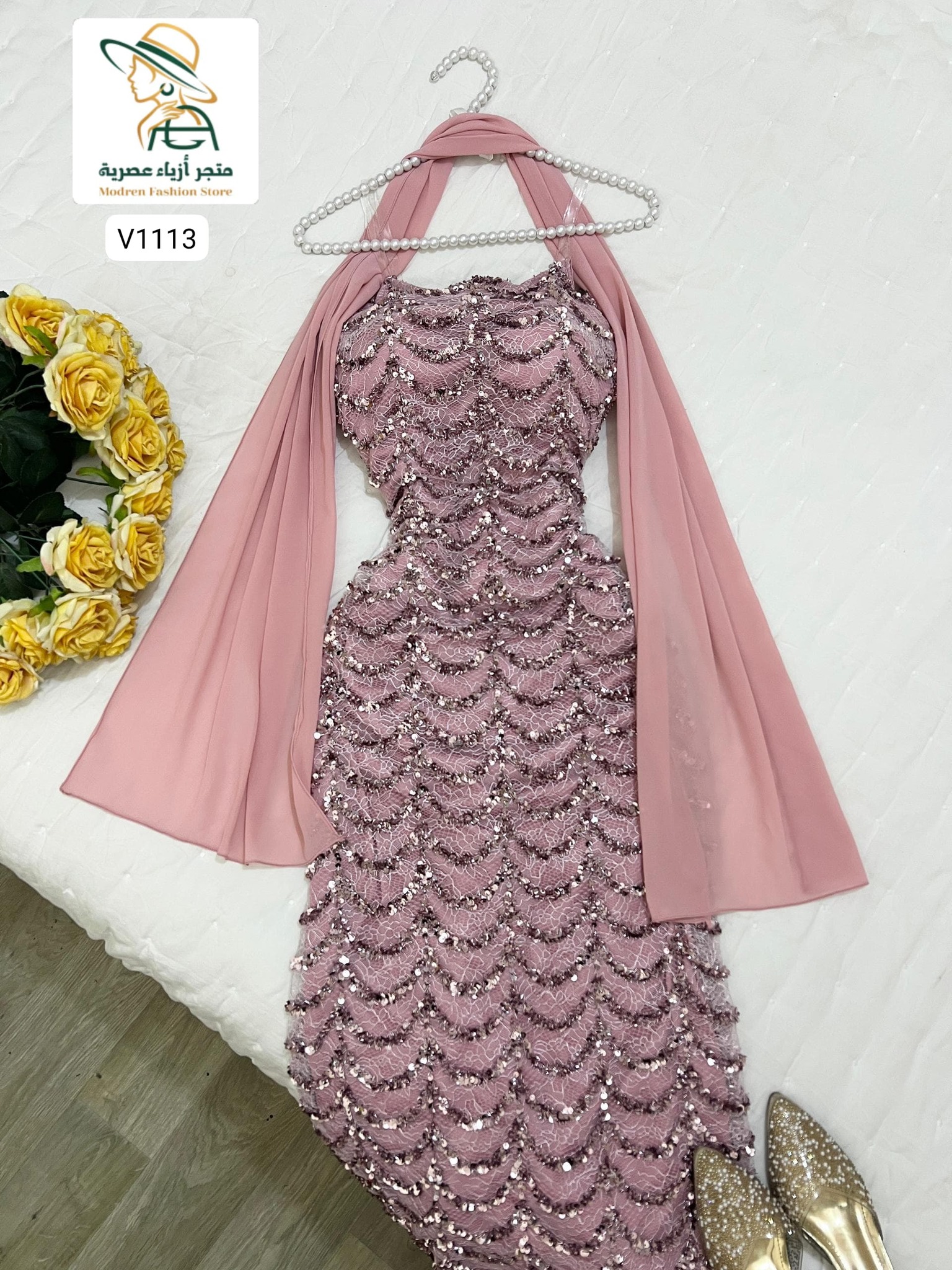 فستان فخامة – خرز كوري وترتر ودنتل لمعة راقية - Image 11