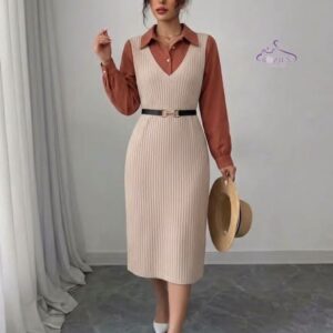 فستان صوف مضلع مع شميز – SHEIN