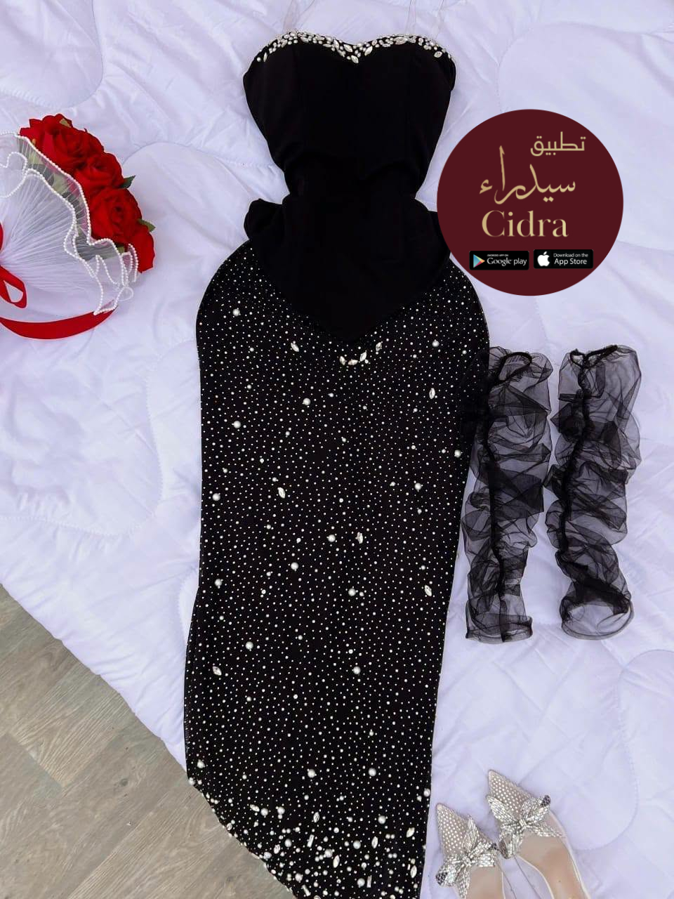 فستان سهرة مرصع بالزركون واللؤلؤ - Image 3
