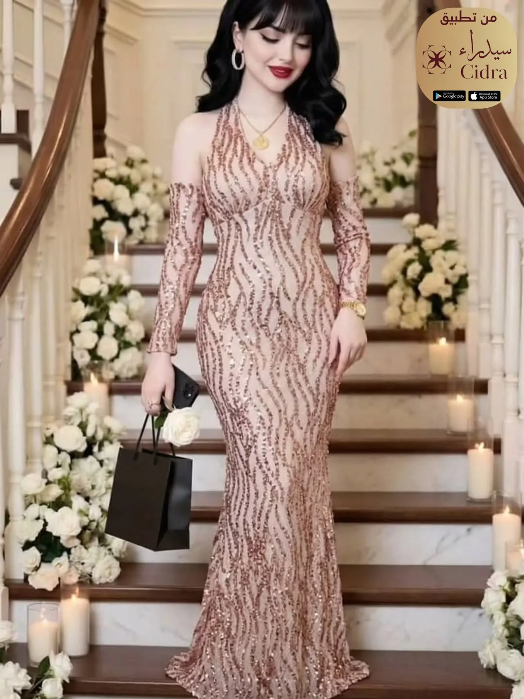 فستان خرز كوري على ترتر ودانتيل - Image 4